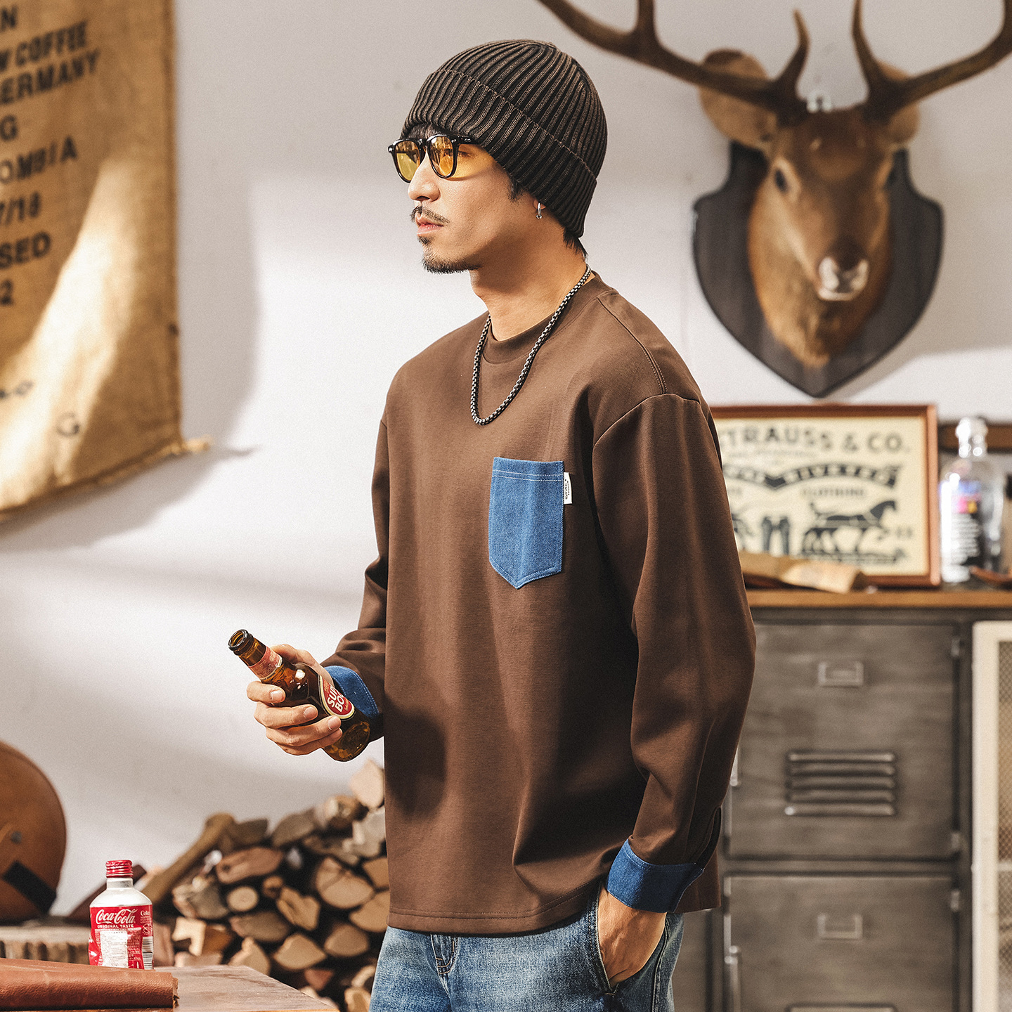 美式復古萊賽爾空氣層衛衣男春秋潮牌300g重磅寬鬆牛仔撞色上衣男