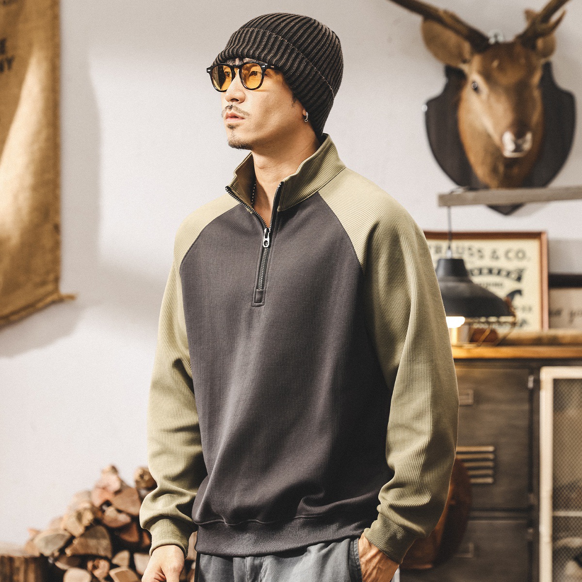 美式復古重磅拉鍊半高領衛衣男2025新款春秋潮牌撞色寬鬆休閒上衣