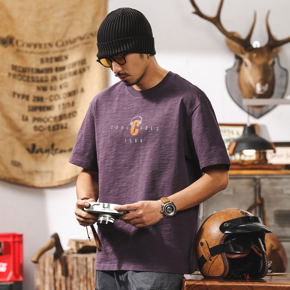 美式重磅竹節棉男T恤短袖夏季2025新款潮牌寬鬆日系復古半袖T衣服