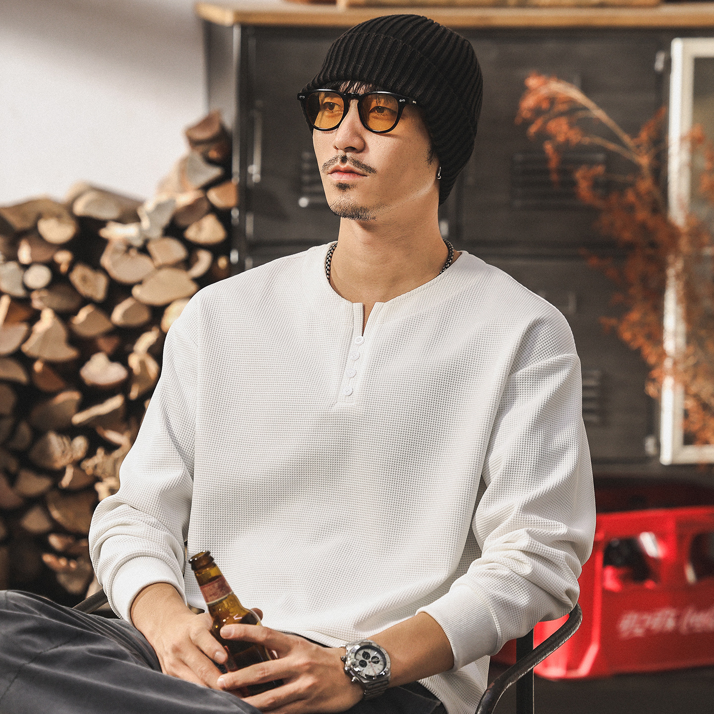 美式復古白色長袖t恤男秋季2025新款亨利領潮牌休閒寬鬆男士上衣T