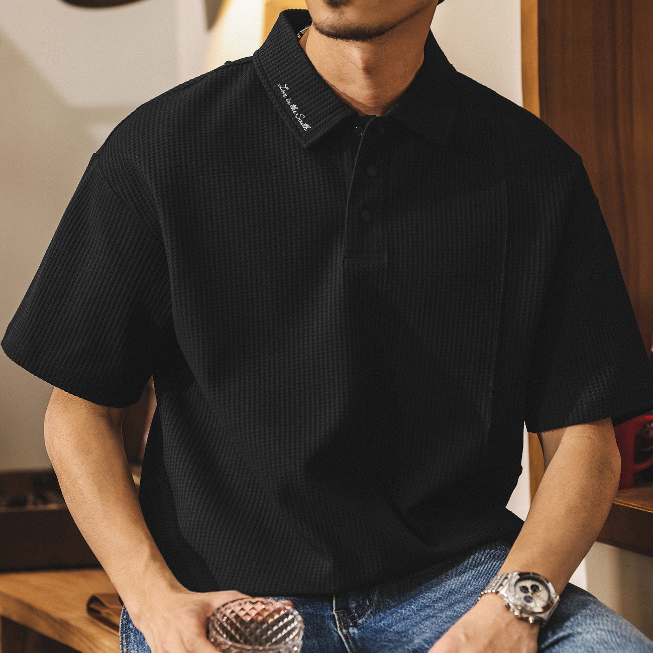 美式復古華夫格Polo衫短袖男夏季2026新款潮牌寬鬆休閒翻領T恤男