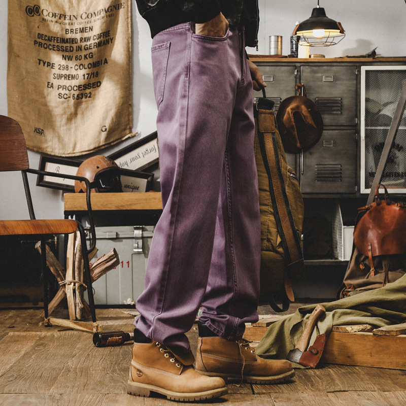 美式復古紫色牛仔褲男寬鬆直筒重磅工裝褲子男秋季丹寧潮流休閒褲