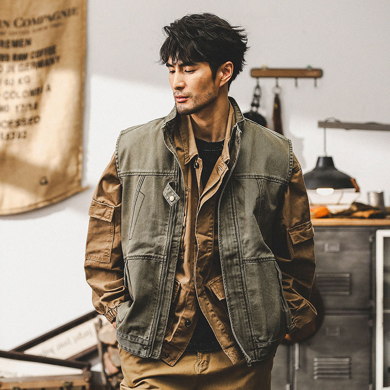 美式重磅複古工裝馬甲男立領外套秋季戶外戰術做舊坎肩攝影夾克男