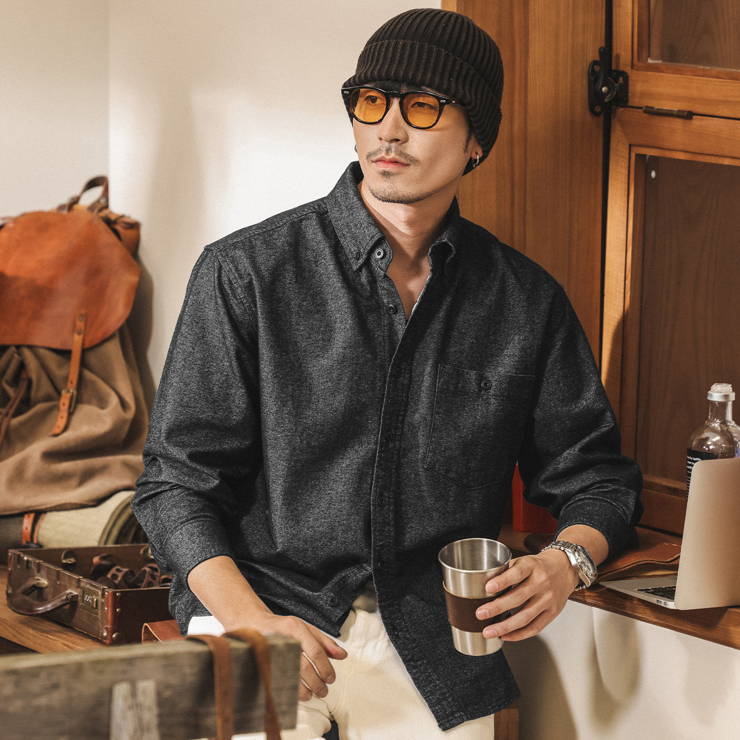 美式復古春季襯衫男長袖2026新款休閒潮牌寬鬆襯衣男春裝外套