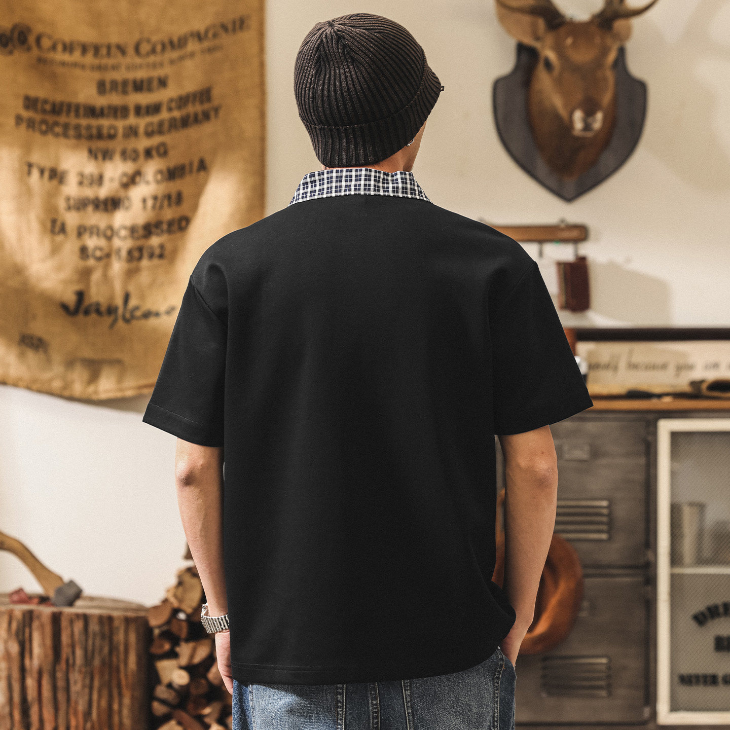 美式復古假兩件格紋Polo衫男夏季短袖男款260g重磅寬鬆潮牌T恤男