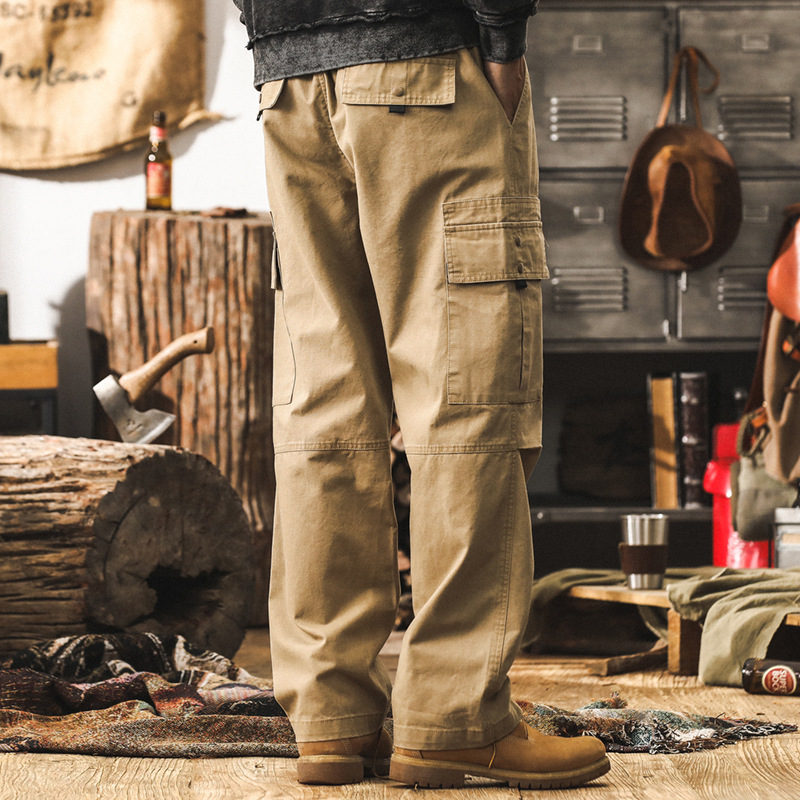 美式復古卡其色工裝褲子男秋季新款獵裝通勤寬鬆直筒男款休閒長褲
