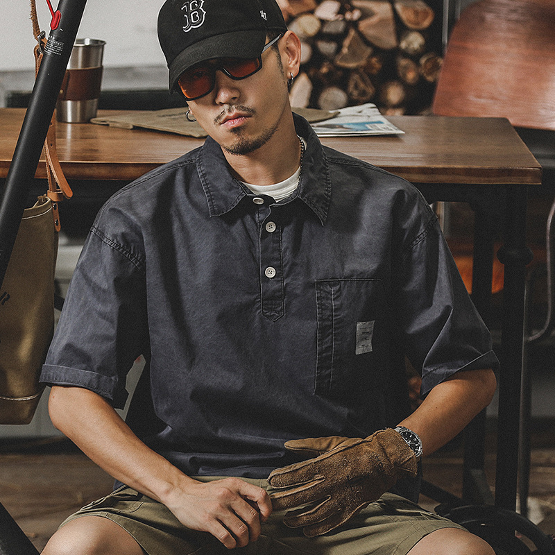 美式重磅復古水洗短袖polo衫男夏季潮牌廓形寬鬆日系T恤男潮