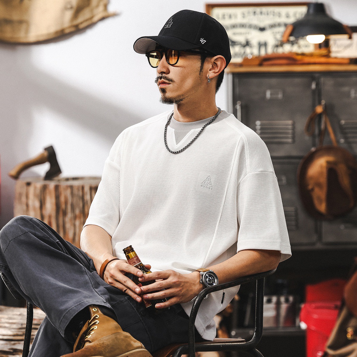 夏季潮牌撞色拼接美式短袖T恤男2025新款寬鬆肌理男士假兩件上衣