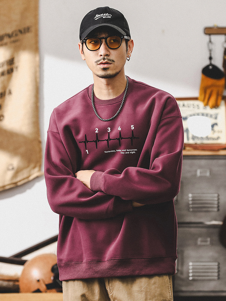 美式潮牌重磅酒紅色衛衣男款2024新款秋季寬松印花套頭休閑上衣男