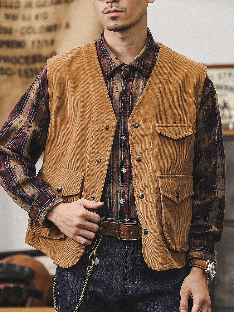 美式重磅復古燈芯絨馬甲外套男寬鬆2024新款潮牌古著工裝夾克褂子