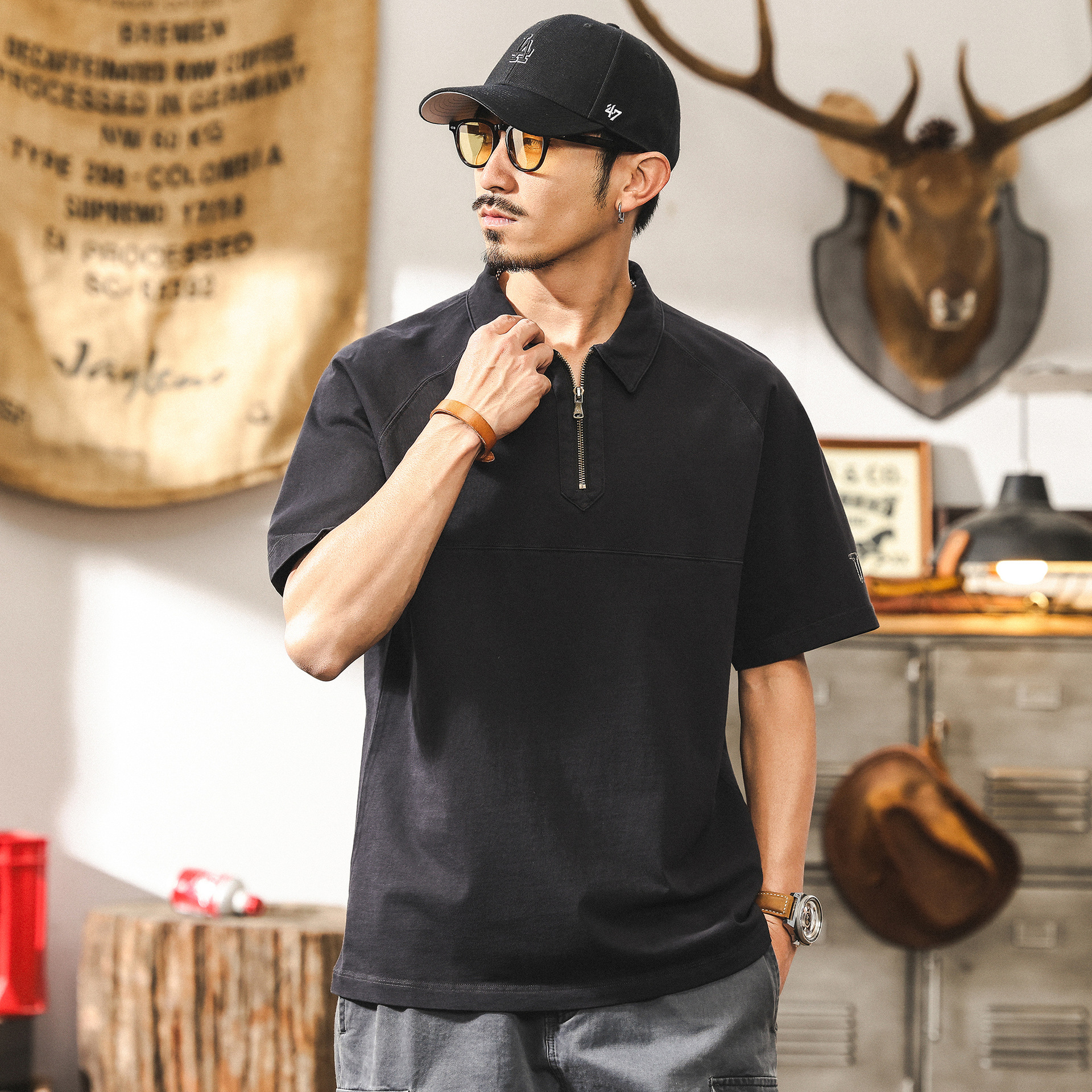 美式復古260g重磅T恤男短袖夏季2025新款寬鬆半拉鍊翻領polo衫男