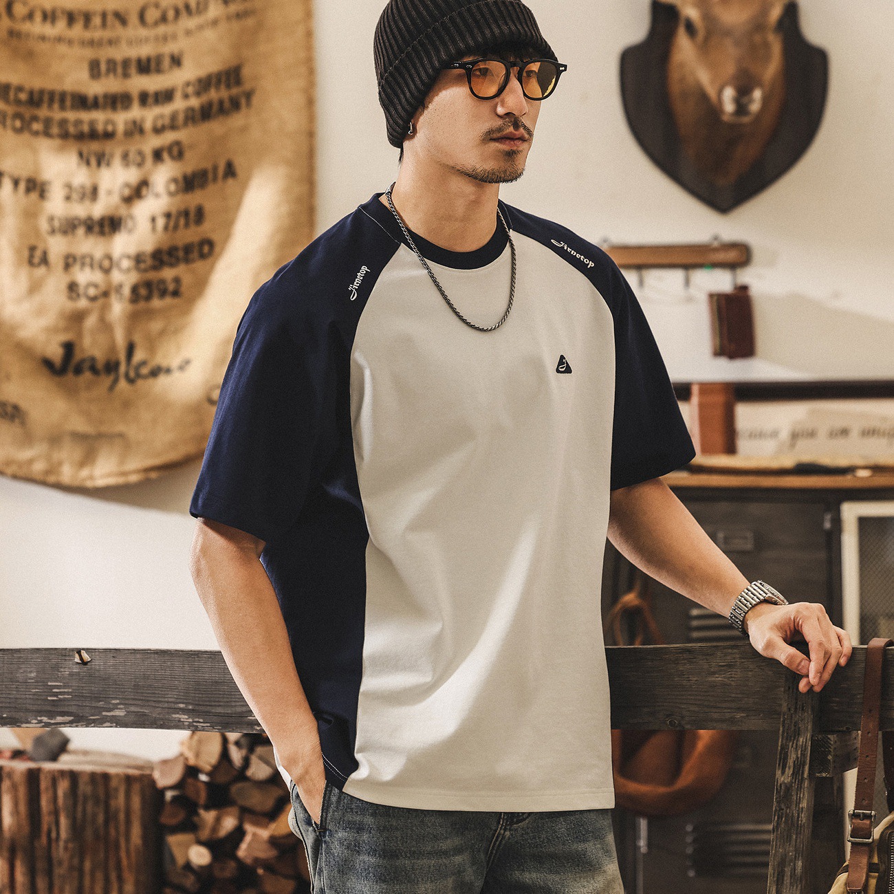 美式復古潮牌男士短袖T恤夏季新款潮流插肩袖拼接寬鬆半袖上衣男