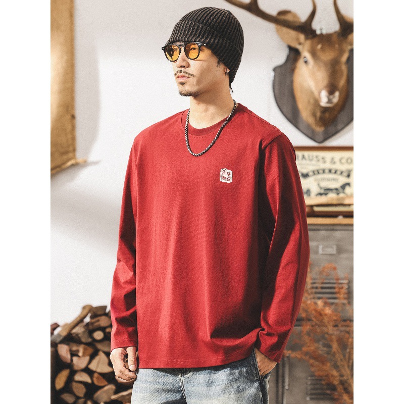 美式復古酒紅色男士t恤長袖春秋新款寬鬆簡約260g重磅打底衫男潮T