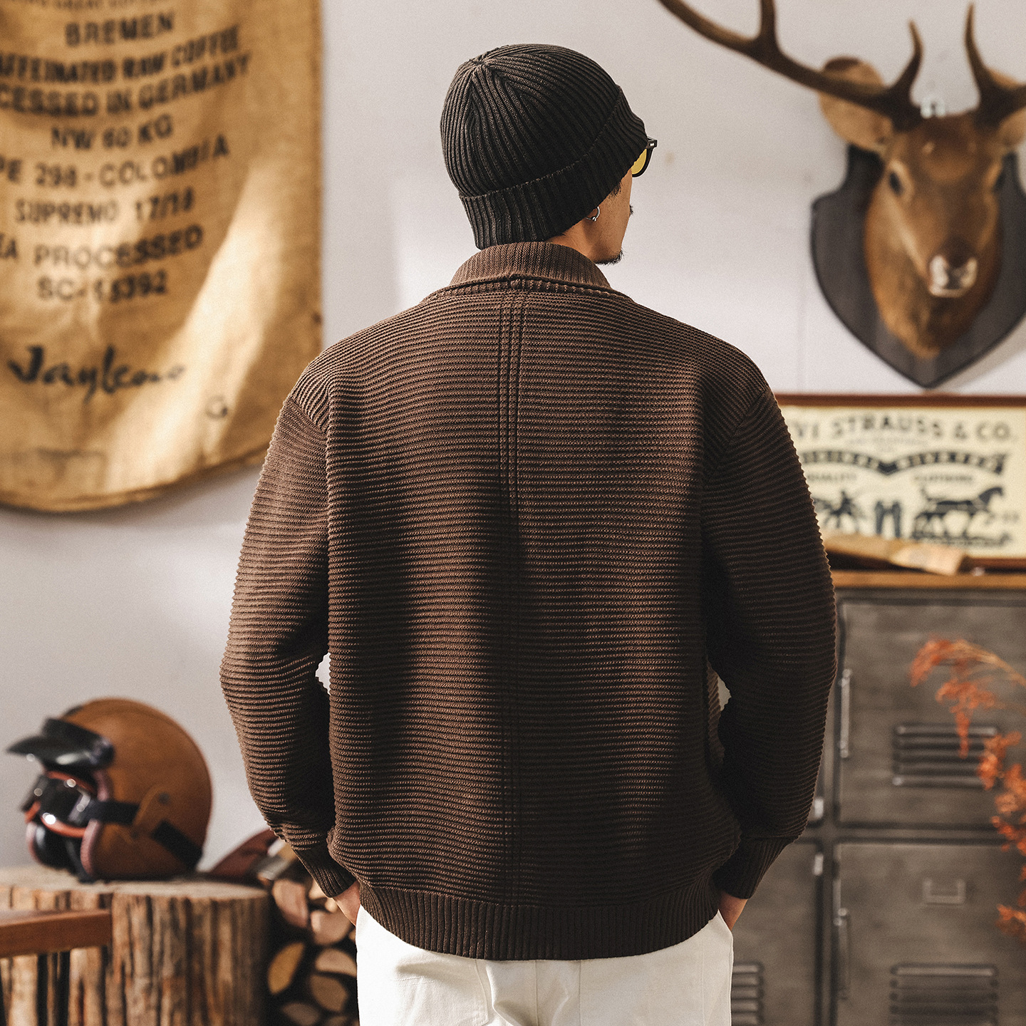 美式重磅復古毛衣男秋冬款慵懶風開衫外套男潮牌戧駁領寬鬆針織衫