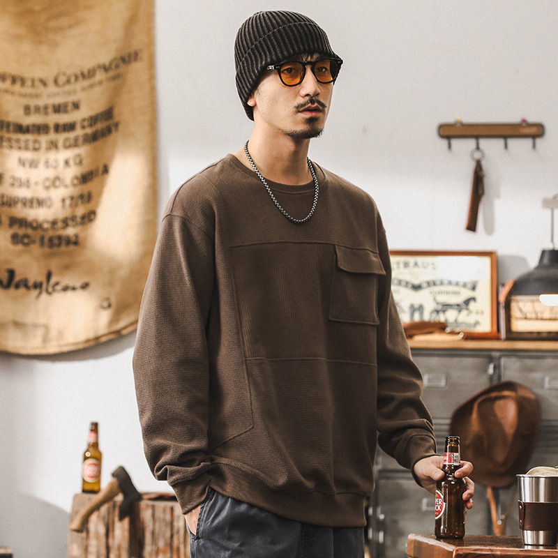 美式復古330g重磅衛衣男秋季新款提花條絨針織衫潮牌拼接男款上衣