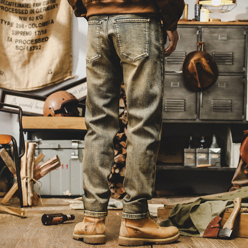 傑雷諾美式重磅黃泥做舊複古牛仔褲男寬松彈力休閑褲子男秋季長褲