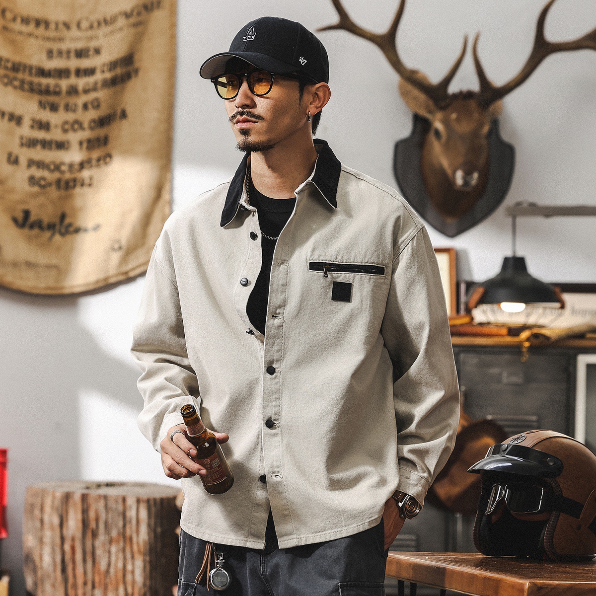 美式復古工裝襯衫男長袖秋季新款戶外獵裝潮牌寬鬆襯衣外套男春秋