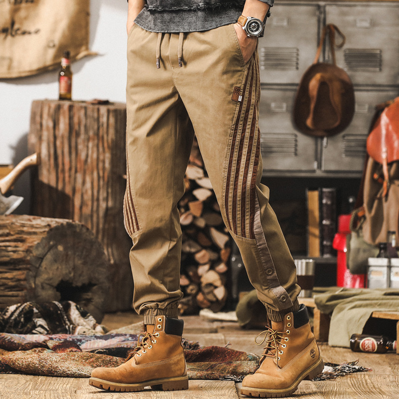 美式復古條紋拼接工裝褲子男秋季潮牌寬鬆卡其色束腳男士休閒長褲
