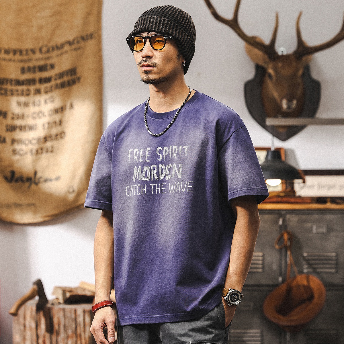 阿蘇特洗褪漸變水洗T恤男短袖夏季潮流立體字母寬鬆半袖上衣