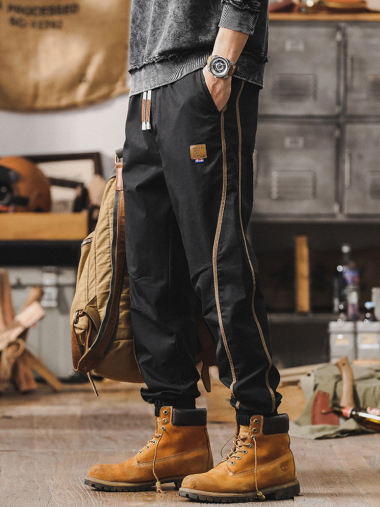 卡其色薄款夏季褲子男2024新款寬鬆束腳褲潮牌撞色設計男士休閒褲