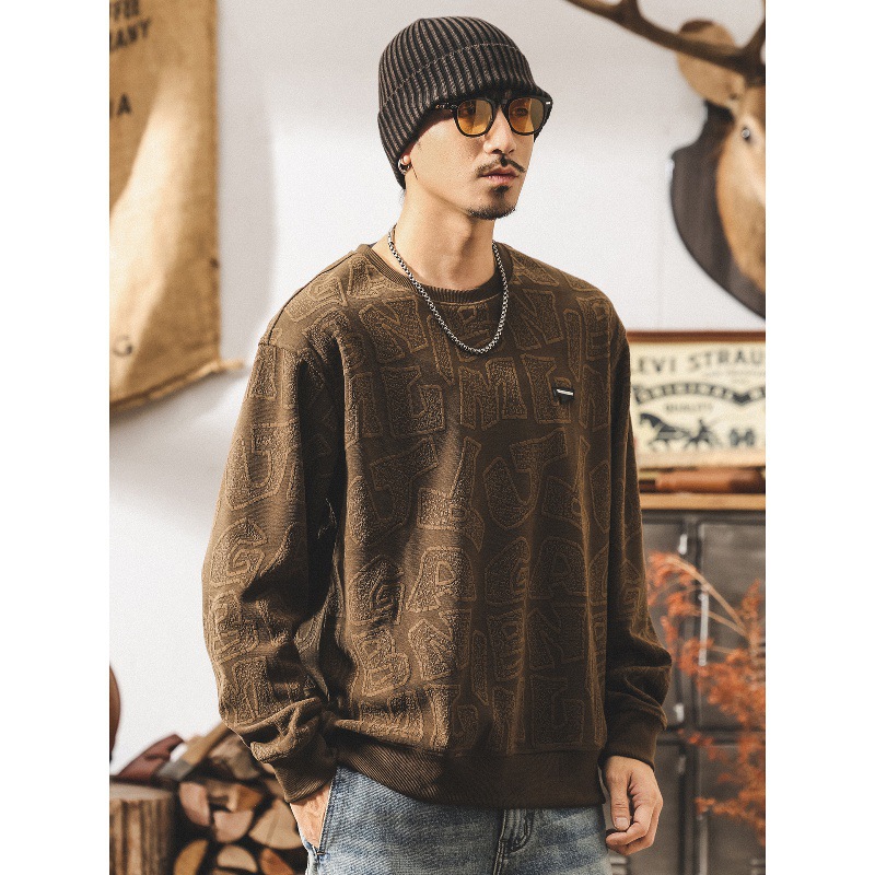 美式復古字母提花380g重磅衛衣男秋冬款潮流廓形圓領寬鬆大碼上衣