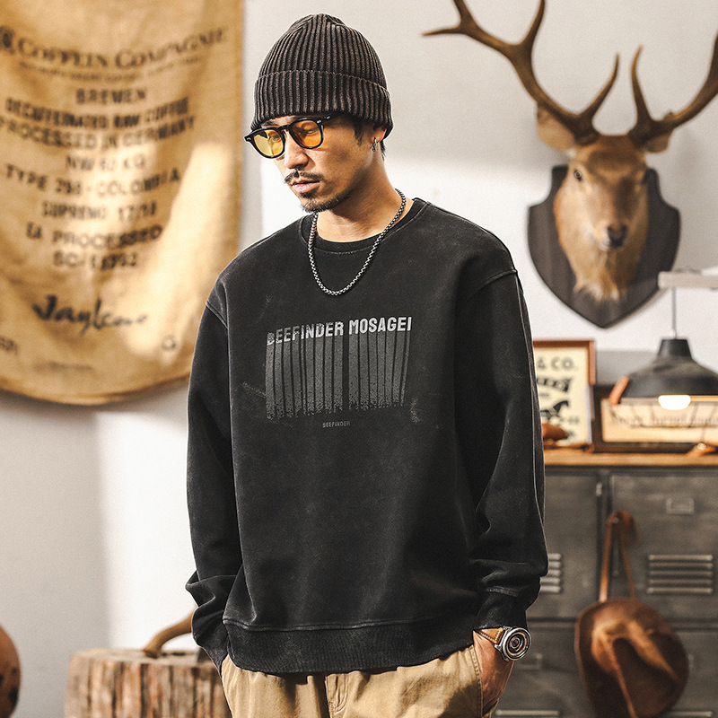 美式復古重磅蠟染衛衣男秋季潮牌設計感印花紫色上衣寬鬆大碼男裝