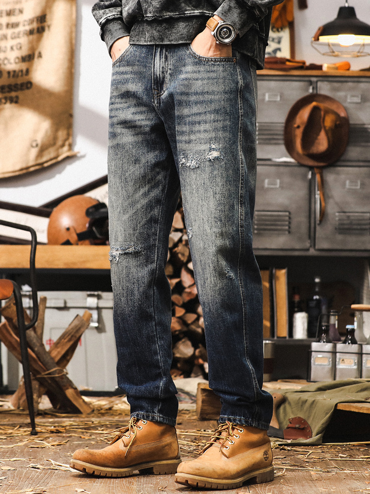 美式復古潮牌褲子男秋季2024新款破洞牛仔褲男款直筒寬鬆休閒褲男