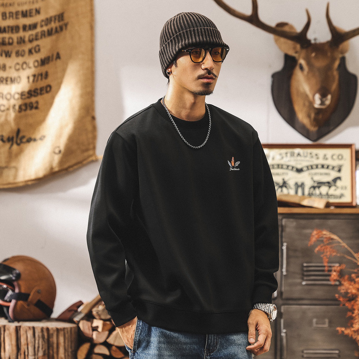 美式復古360g重磅衛衣男春秋新款潮牌寬鬆上衣男潮流印花T恤男款