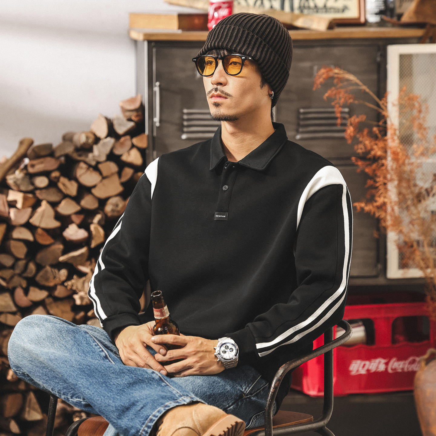 美式復古撞色拼接Polo領衛衣男春秋新款潮牌大碼寬鬆休閒男士上衣