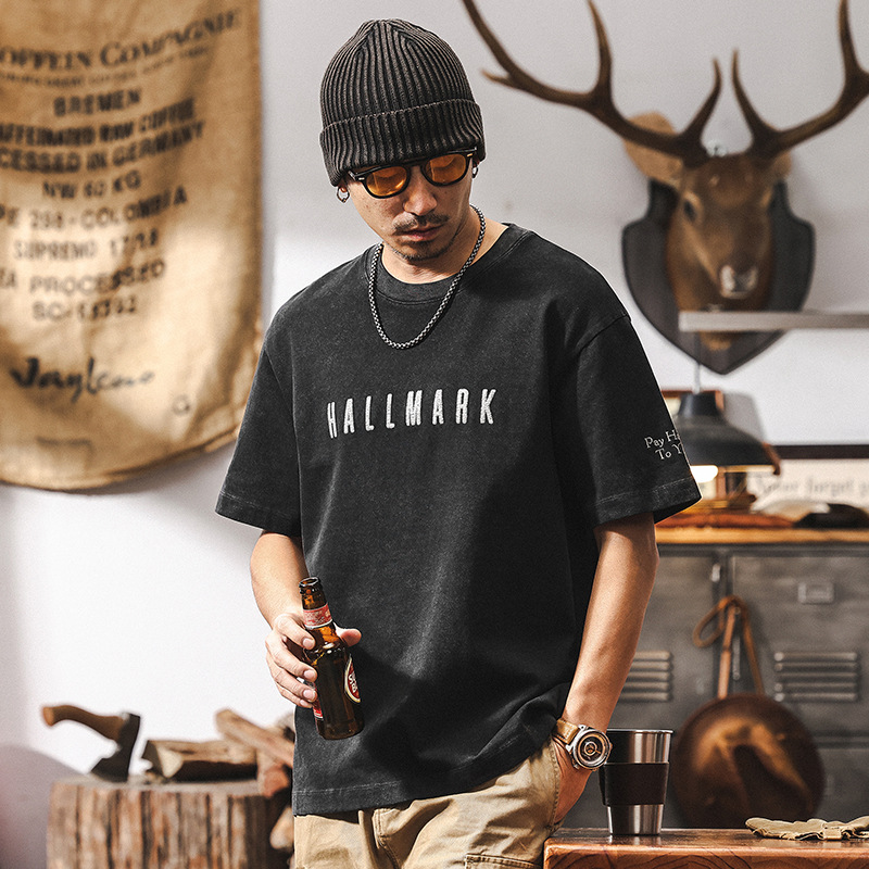 水洗刺繡T恤男士夏季2025新款短袖男寬鬆美式復古休閒上衣男