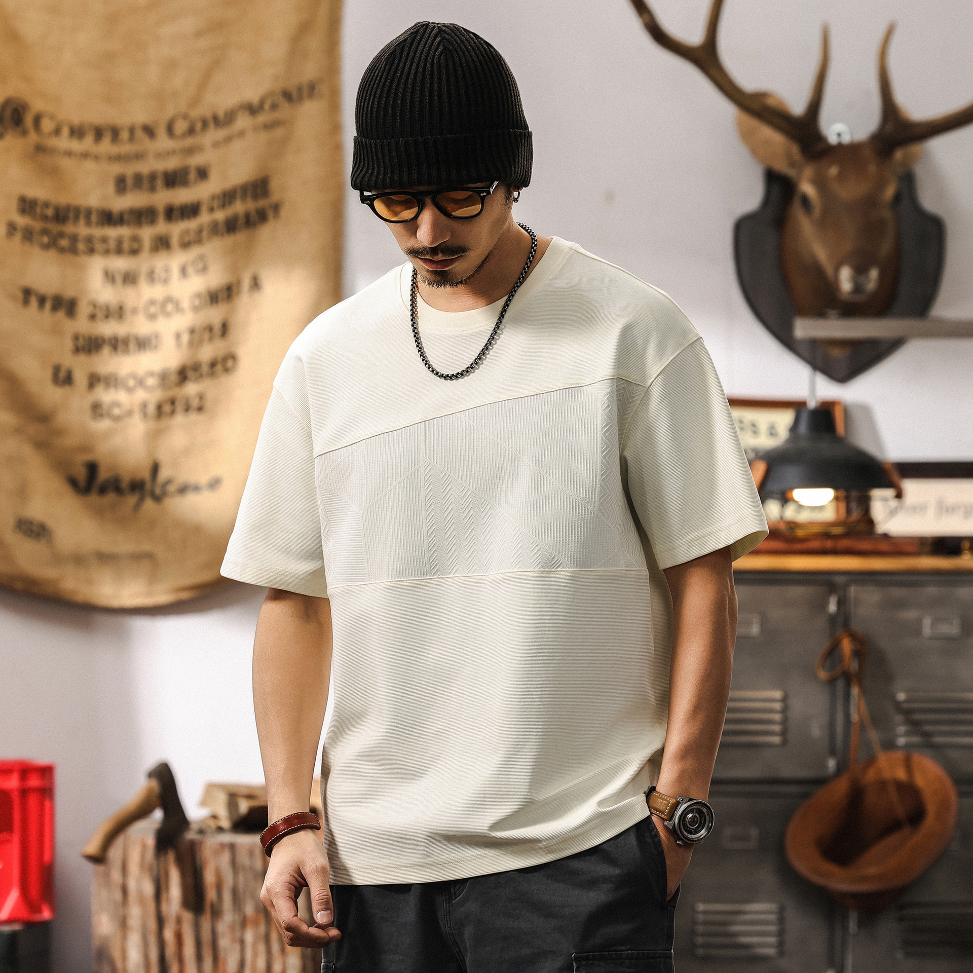 高級感拼接提花涼感T恤男2025新款短袖男夏季時尚潮流設計感上衣