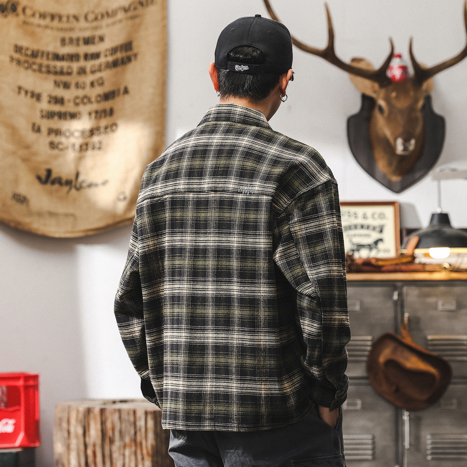 美式復古格子襯衫男秋季2025新款日系潮牌長袖襯衣寬鬆休閒外套男