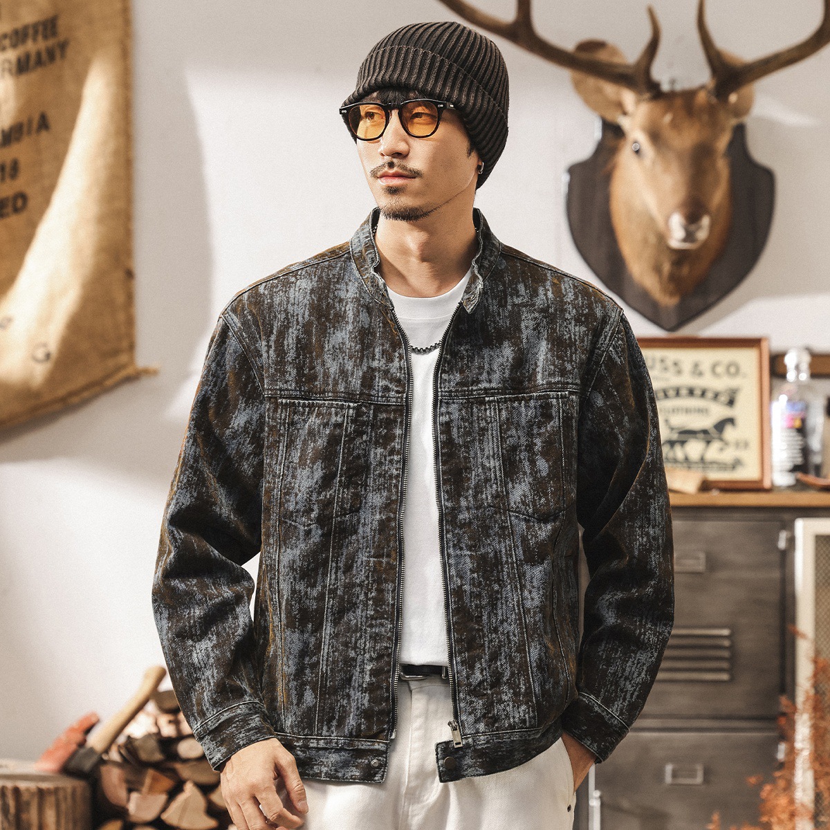 美式復古廢土風植絨牛仔外套男春秋款潮流帥氣寬鬆休閒秋季夾克男
