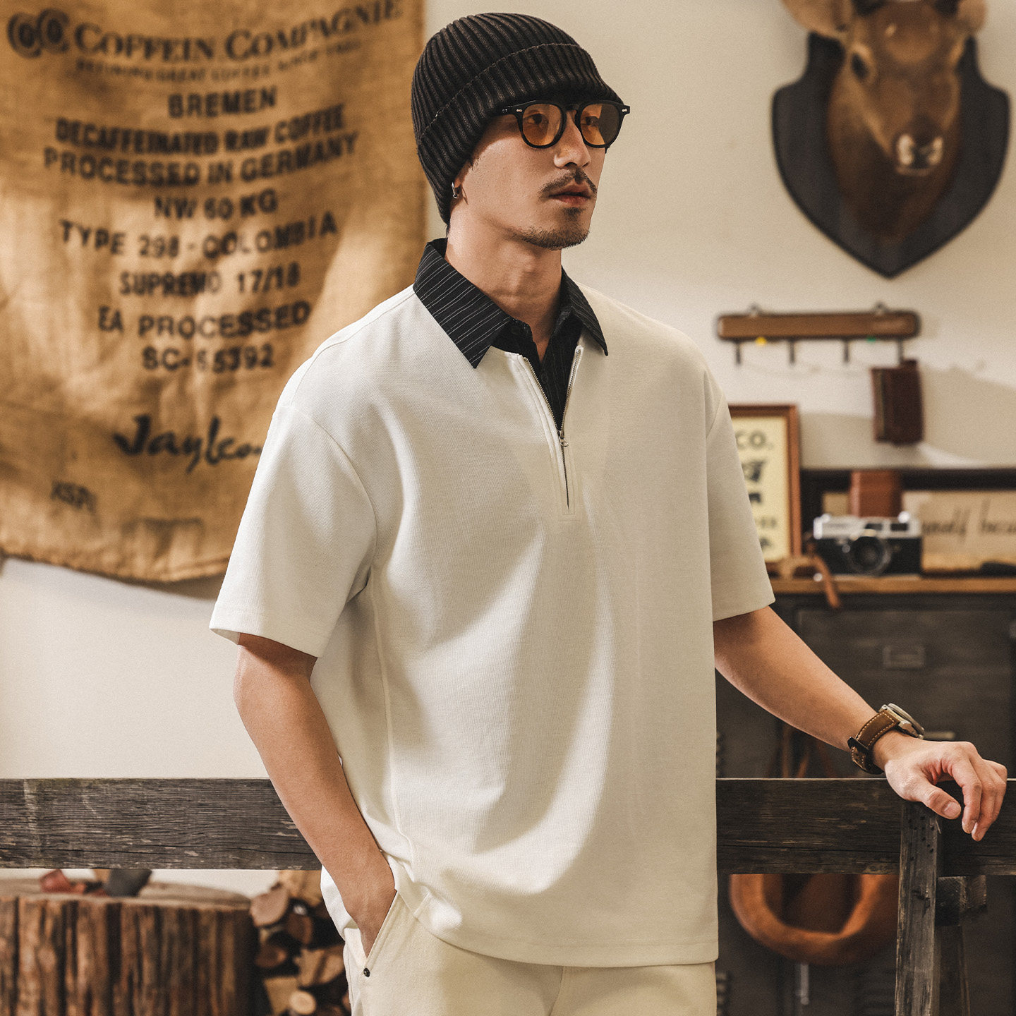 美式復古假兩件條紋襯衫領T恤短袖男款Polo衫夏季潮流寬鬆亨利衫