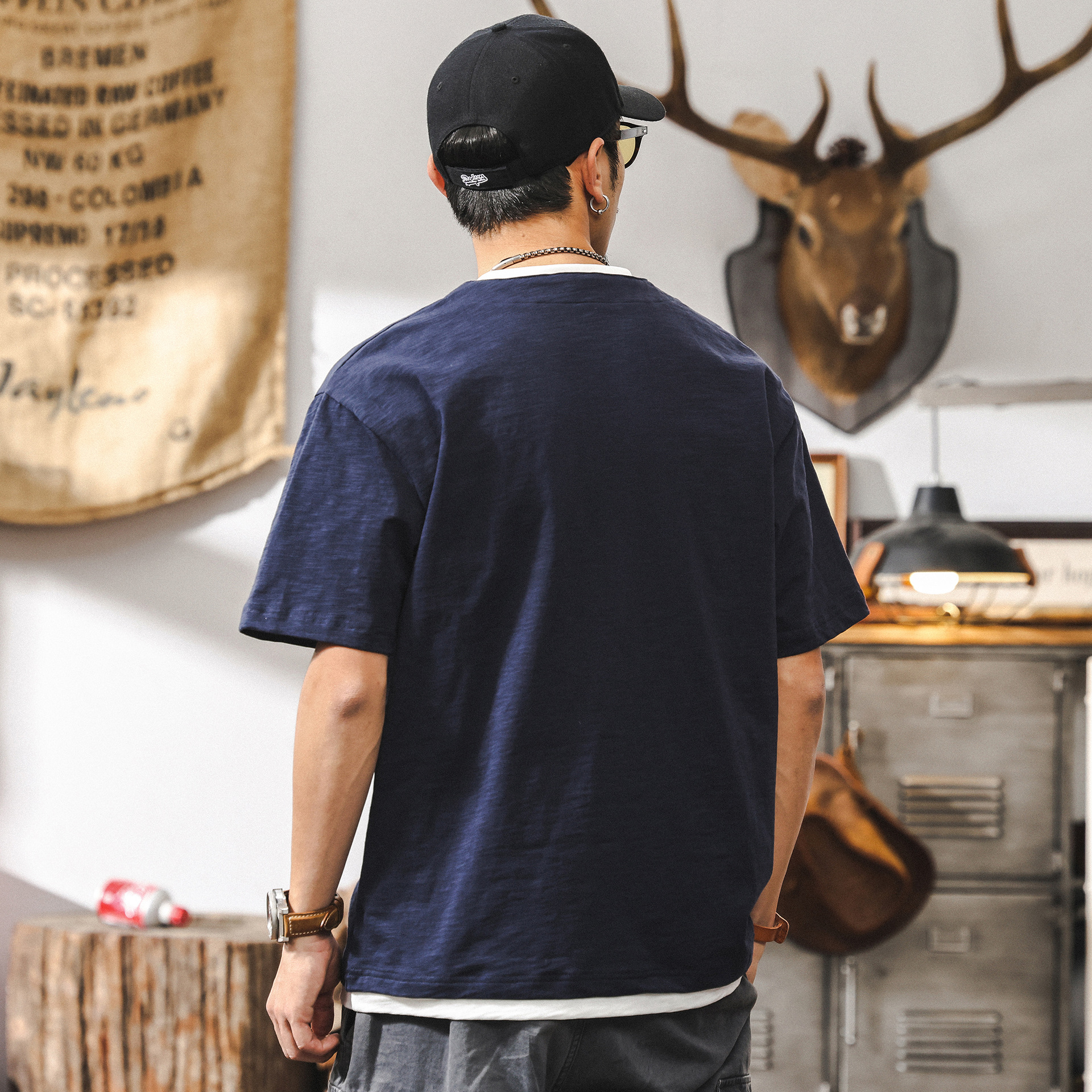 竹節棉假兩件短袖男士T恤夏季潮牌230g重磅美式復古亨利衫男