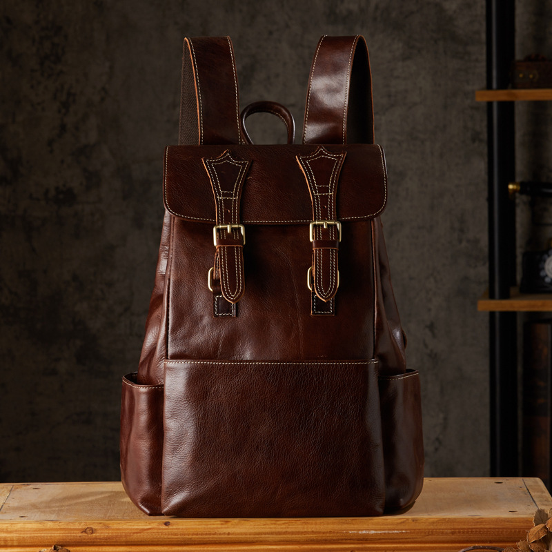 手工植鞣牛皮雙肩包男時尚潮流真皮背包旅行包復古頭層牛皮書包潮