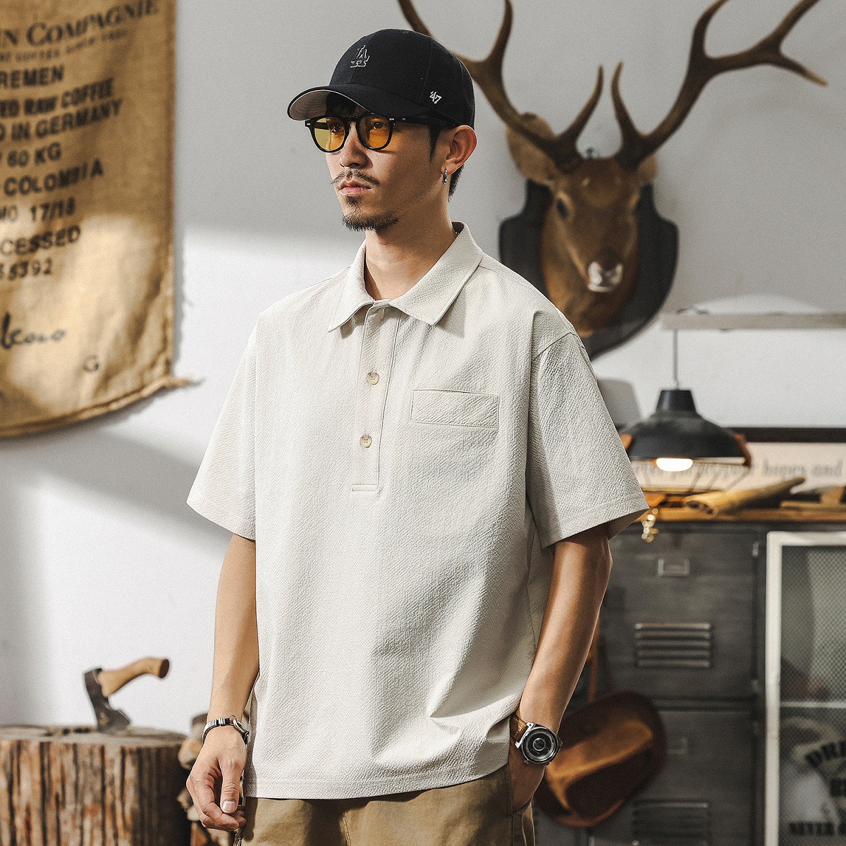 泡泡紗短袖男夏季涼感Polo衫男士寬鬆2025新款美式復古半袖T恤男