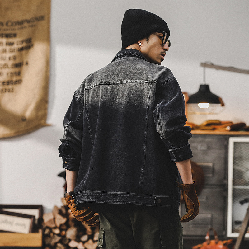 春季黑色牛仔外套男潮牌拼接高級感2024新款痞帥美式工裝休閑夾克