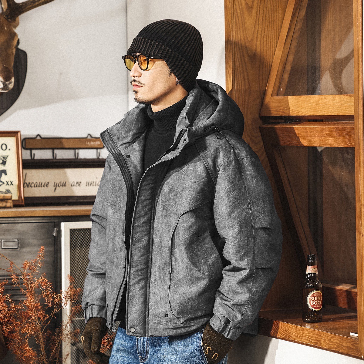 美式復古高充絨蓬鬆連帽羽絨服男冬季加厚新款潮流保暖抗寒外套男