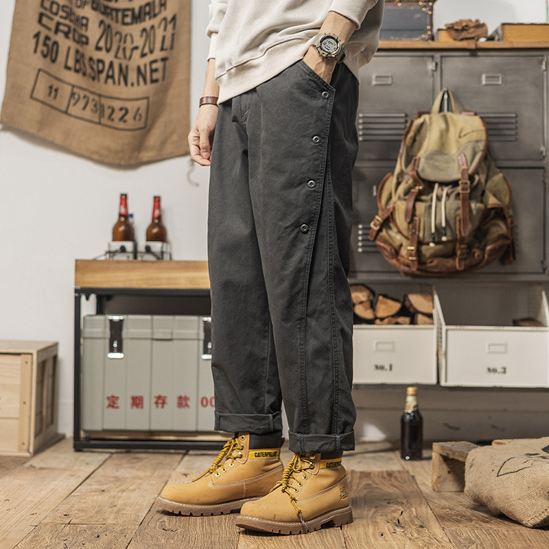 2024重磅排扣褲子設計款休閒褲春季男士寬鬆直筒潮流經典工裝長褲