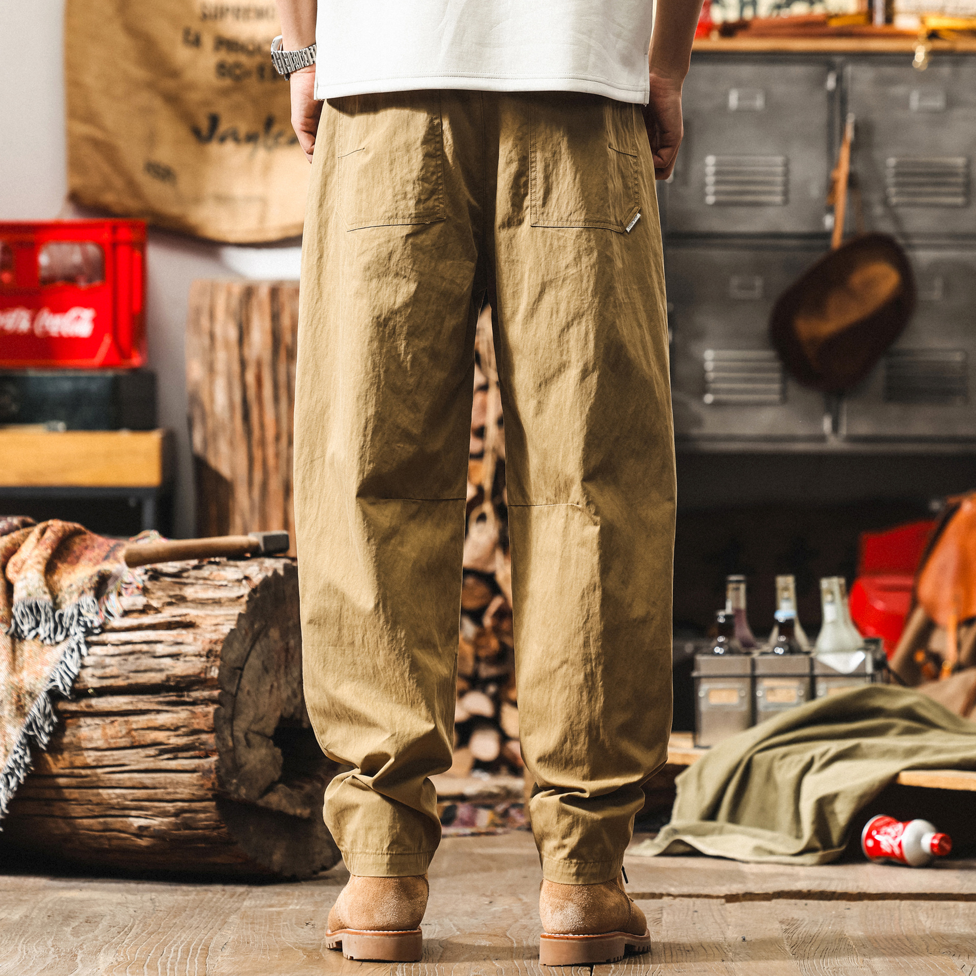 美式復古卡其色薄款工裝褲子男夏季寬鬆闊腿褲潮牌直筒男士休閒褲