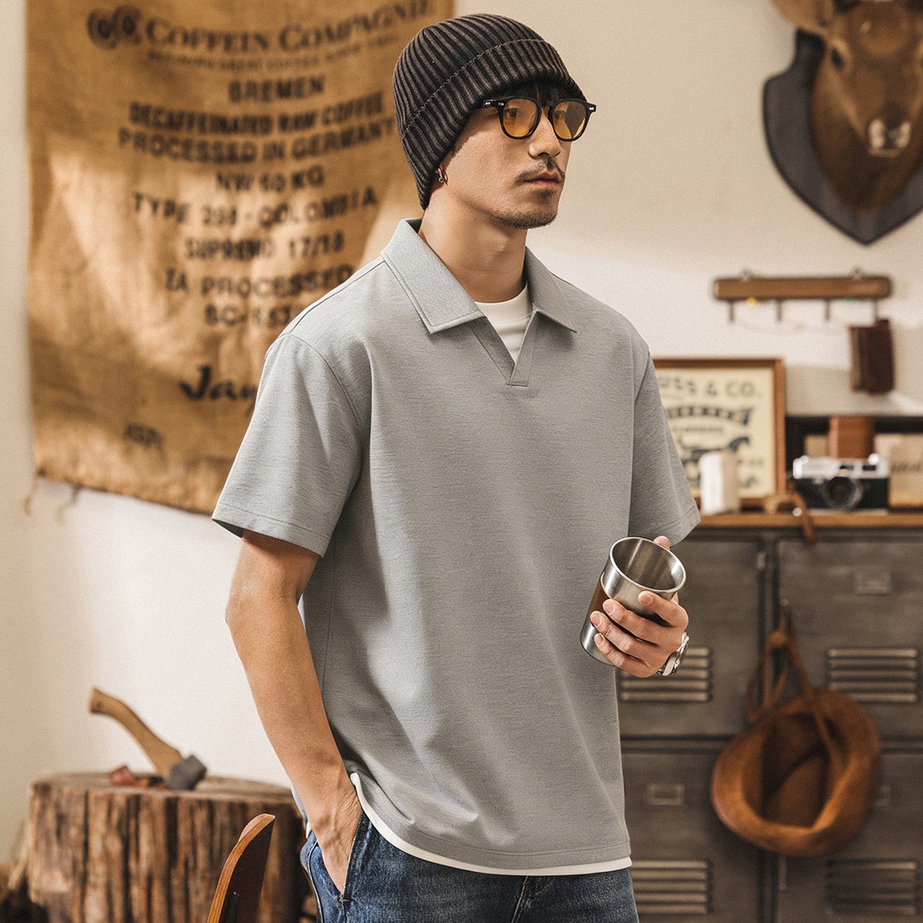 美式復古假兩件Polo衫男短袖2026新款夏季男裝寬鬆休閒潮牌T恤男