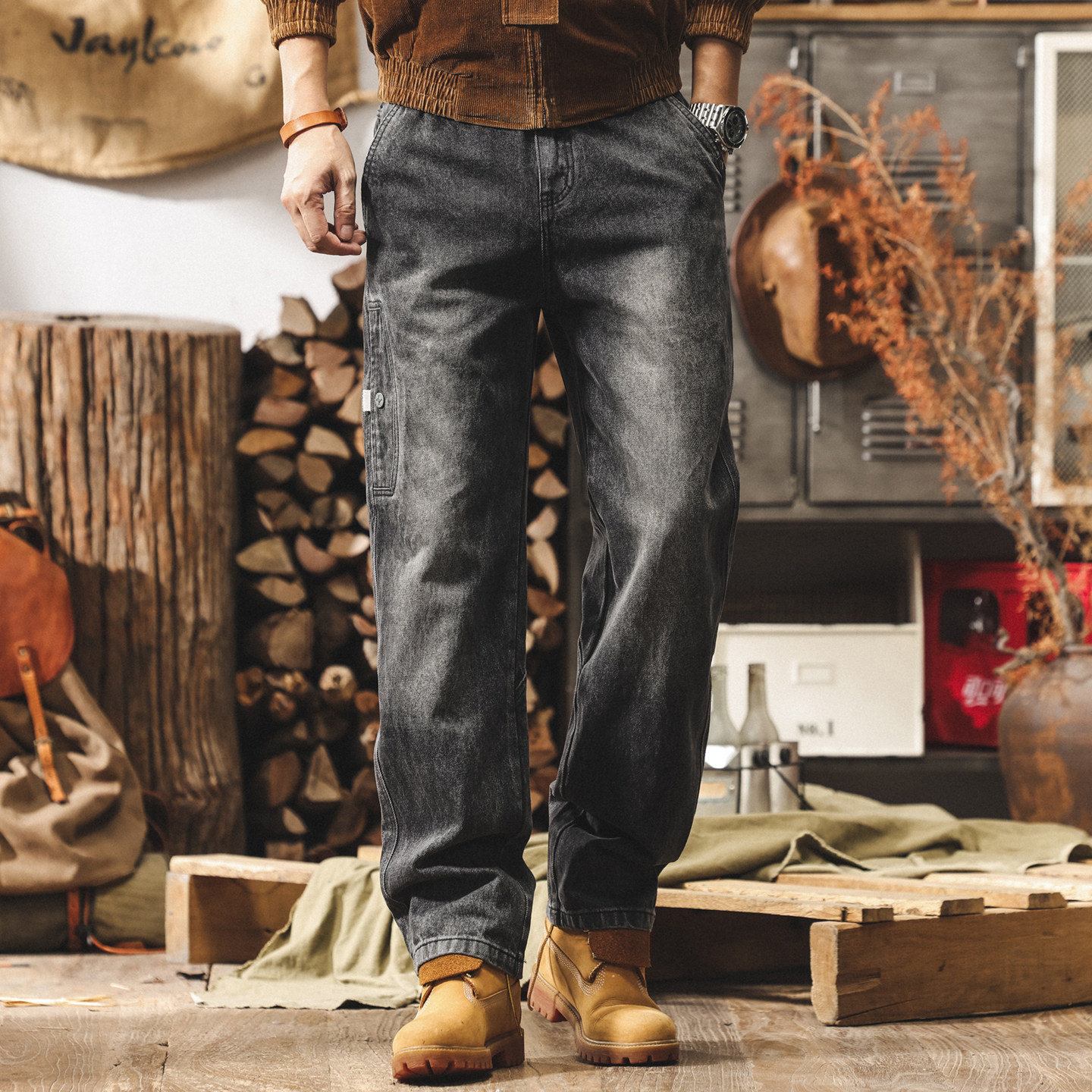 美式復古水洗工裝褲子男直筒春季新款潮牌牛仔褲男士寬鬆休閒長褲