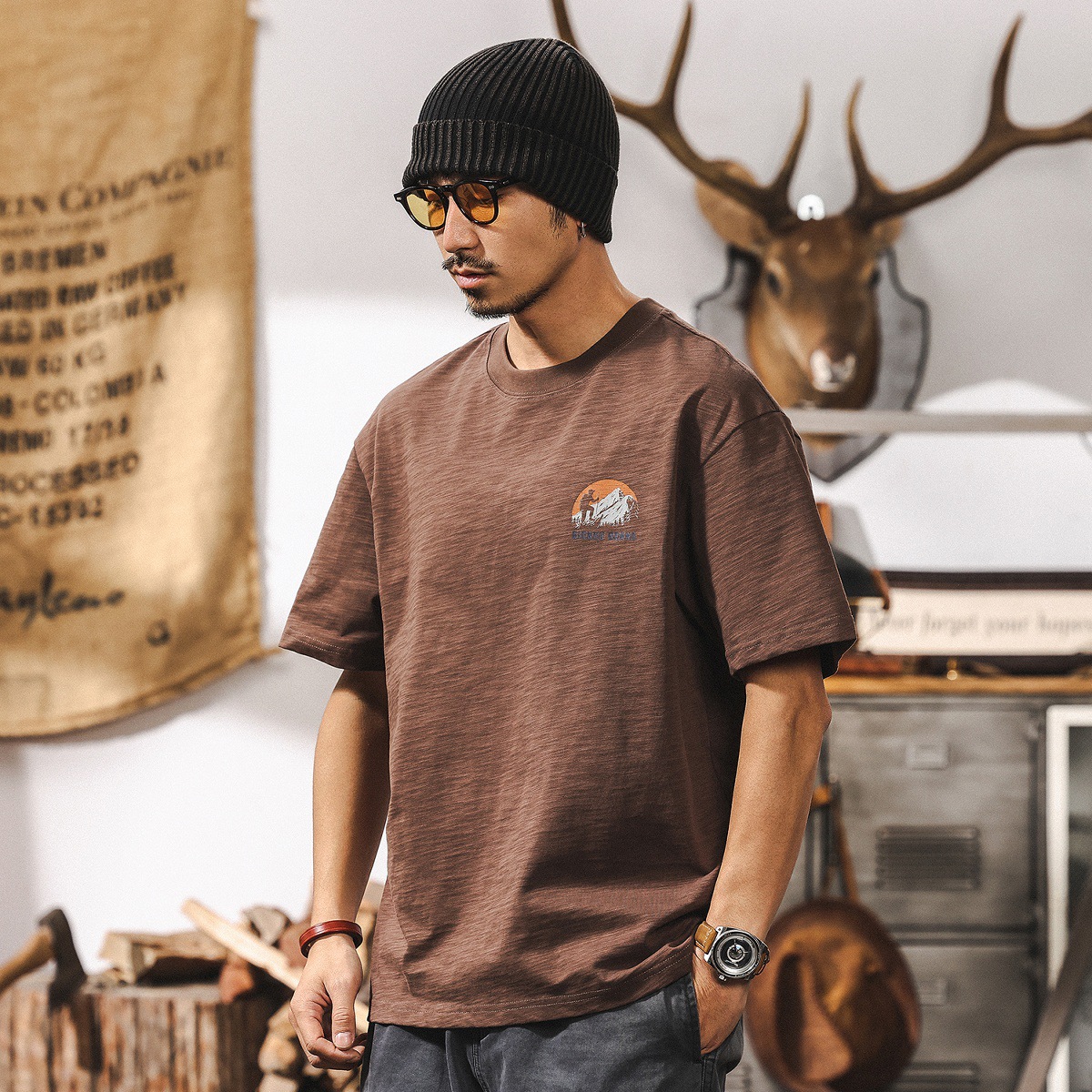 高級感竹節肌理短袖T恤男夏季潮牌美式復古戶外山系紫色休閒上衣T