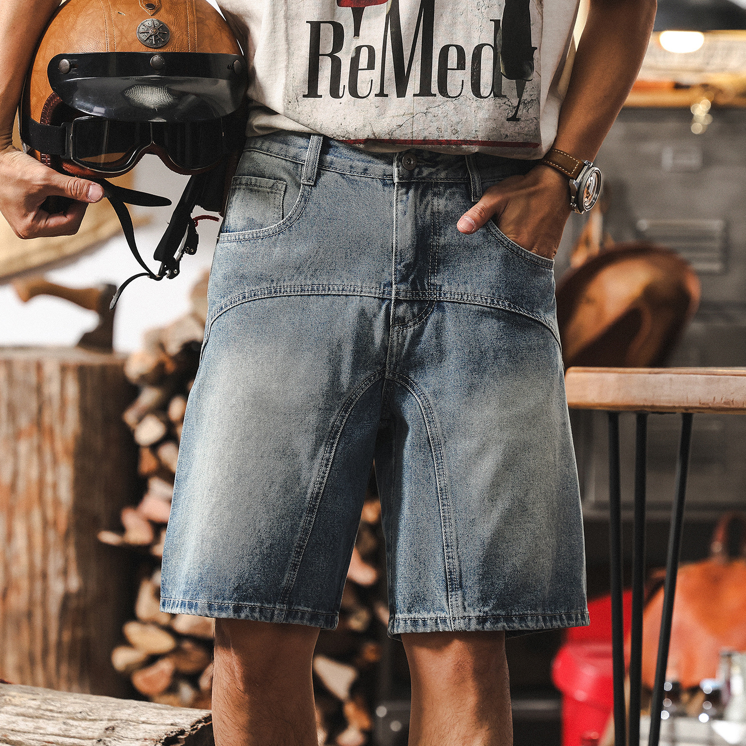 美式復古牛仔短褲男夏季ins潮牌休閒中褲男士寬鬆直筒五分褲子男