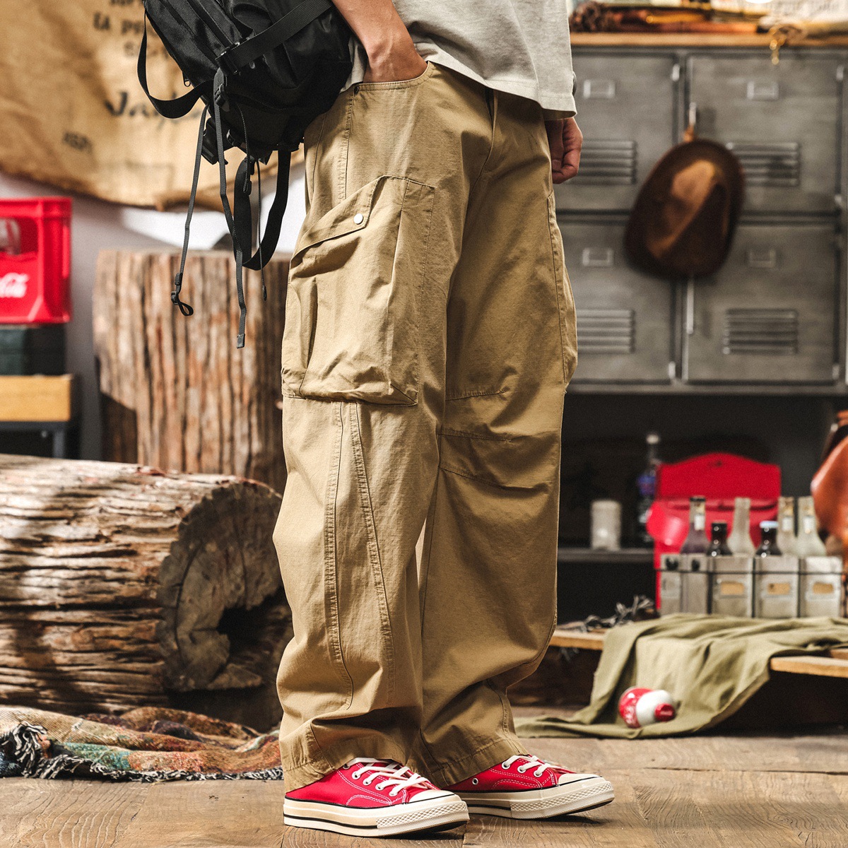 美式復古卡其色彎刀工裝褲子男夏季新款潮牌直筒闊腿褲松休閒長褲