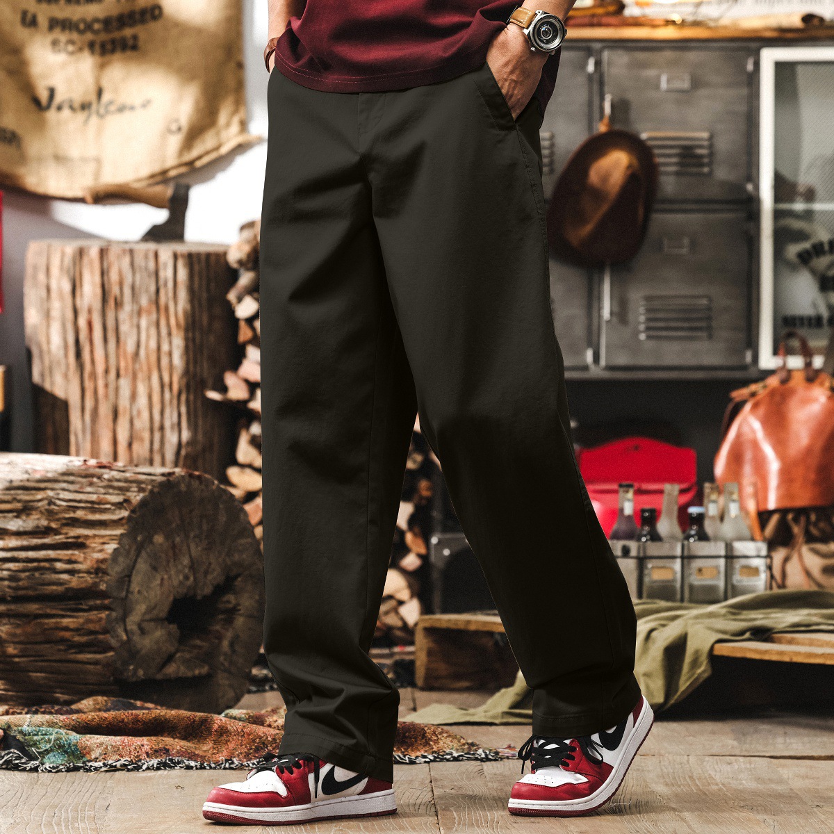 美式復古軍綠色褲子男潮牌直筒水洗闊腿工裝長褲男士寬鬆休閒褲男