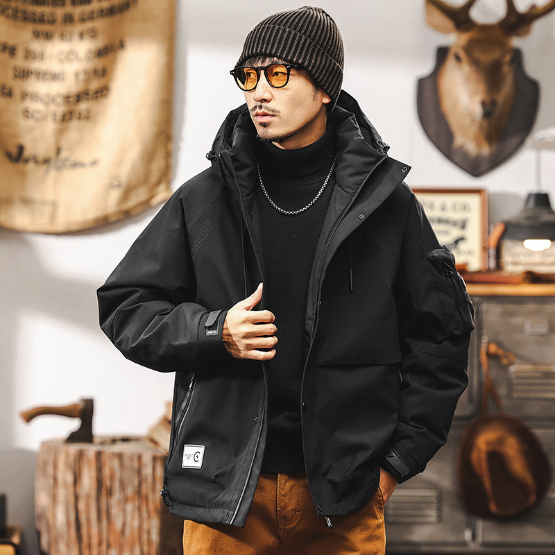 美式復古工裝連帽羽絨服冬季戶外通勤三防加厚保暖男士派克服外套