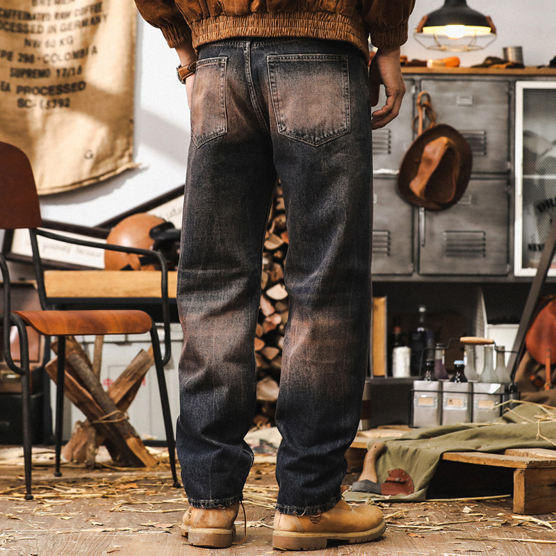 美式復古重磅紅泥漸變牛仔褲男秋季寬鬆潮牌2024新款直筒休閒男褲