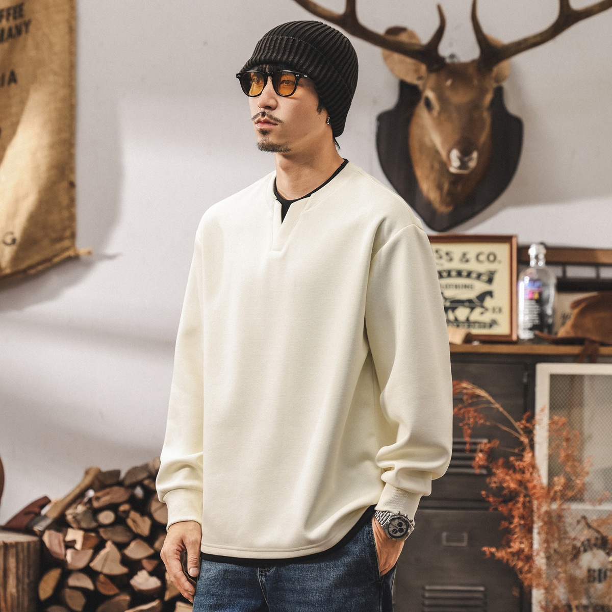 美式復古280g重磅衛衣男春秋2025新款假兩件V領長袖t恤秋季上衣男